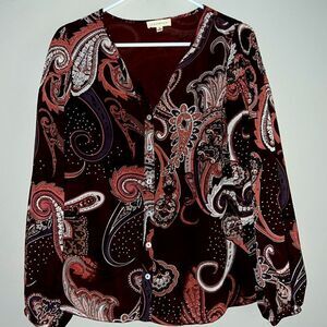 Promesa paisley print puff sleeve button-down blouse size small